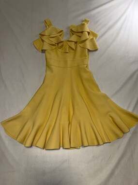 Alexander McQueen Yellow Ruffle Off-The-Shoulder Knit Mini Dress, Size S